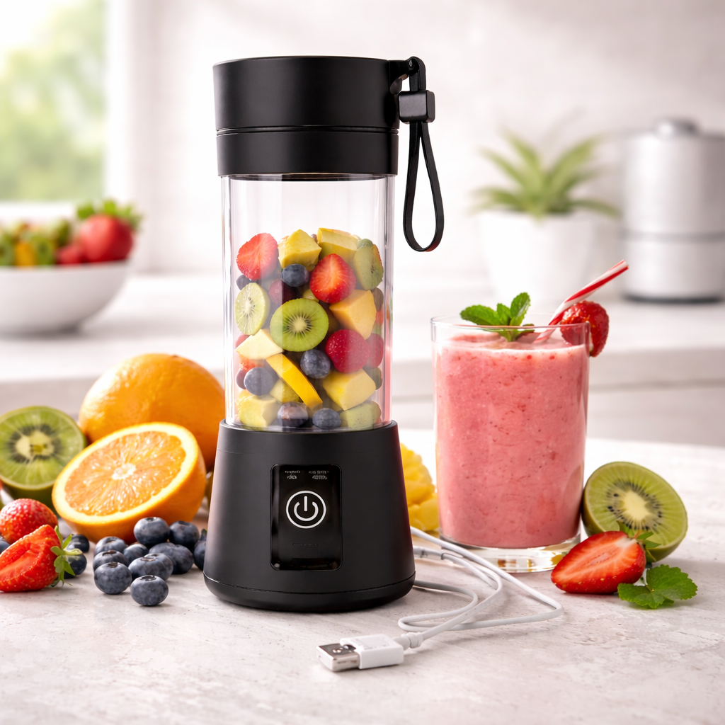 Black portable blender with fruits and a smoothie on a table