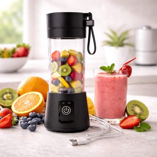 Black portable blender with fruits and a smoothie on a table