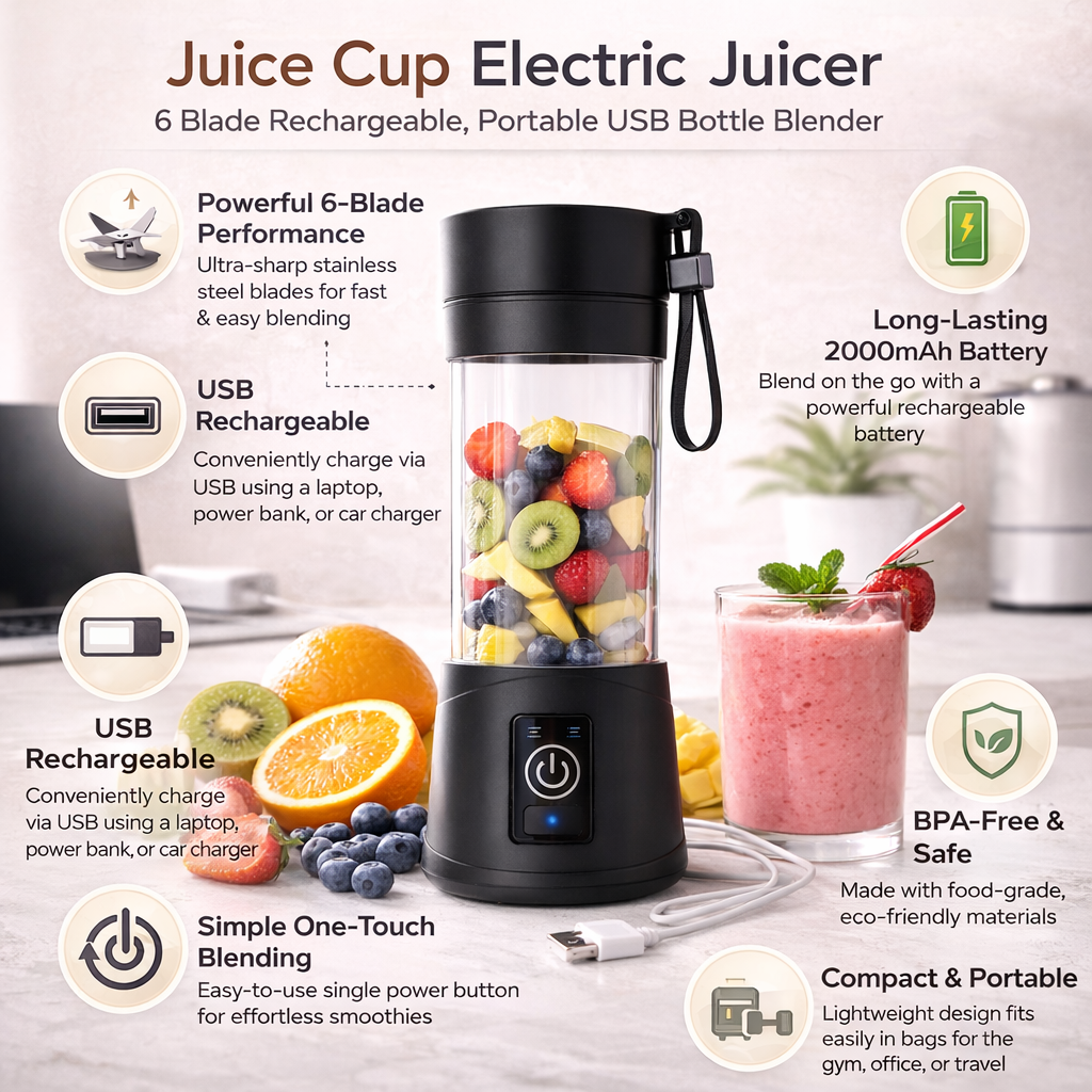 Juice Cup Electric Juicer with USB charging cable and ingredients on a white background