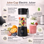 Juice Cup Electric Juicer with USB charging cable and ingredients on a white background