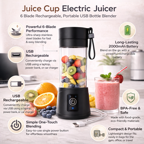 Juice Cup Electric Juicer with USB charging cable and ingredients on a white background