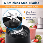 Blender with stainless steel blades and a smoothie in the background