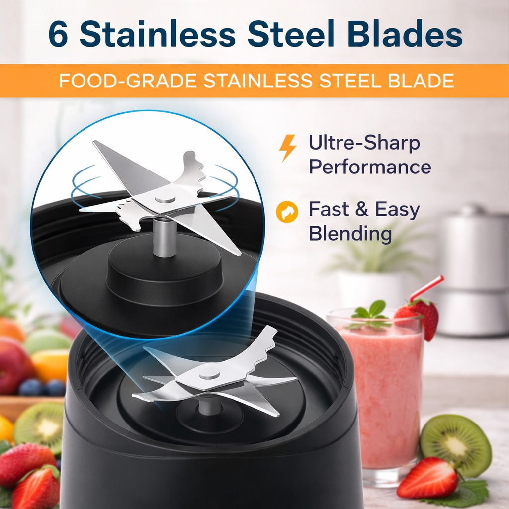 Blender with stainless steel blades and a smoothie in the background