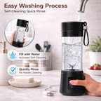 Black portable blender with water being poured into it, surrounded by text on an easy washing process.