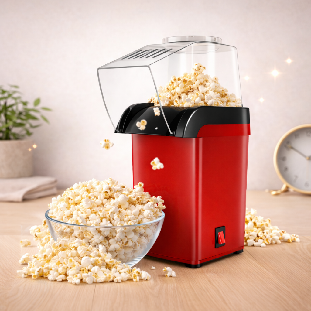 Red popcorn maker with popped popcorn on a wooden surface