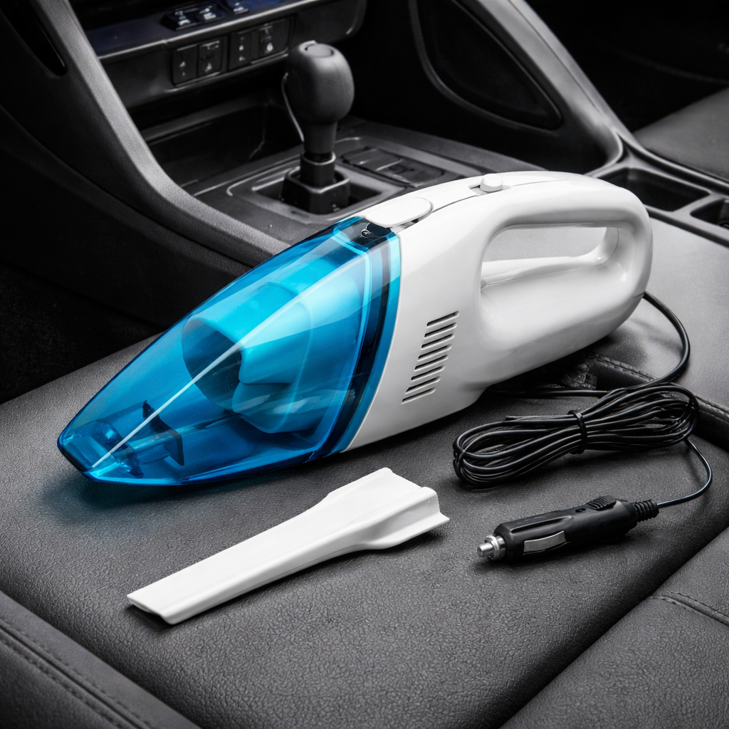 Car vacuum cleaner with blue hose and white handle on a car dashboard.
