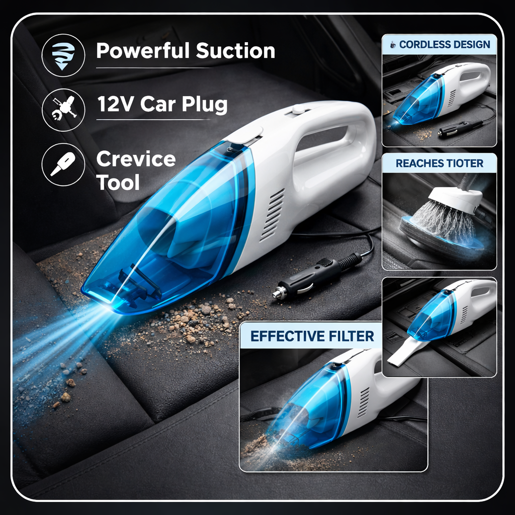Car vacuum cleaner with features highlighted on a black background