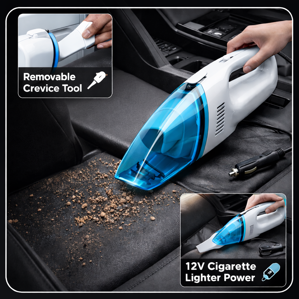 Car vacuum cleaner with removable crevice tool and 12V cigarette lighter power feature, used on a car seat.