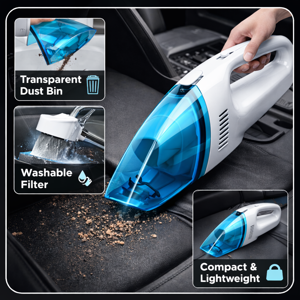 Handheld vacuum cleaner being used in a car with features highlighted.