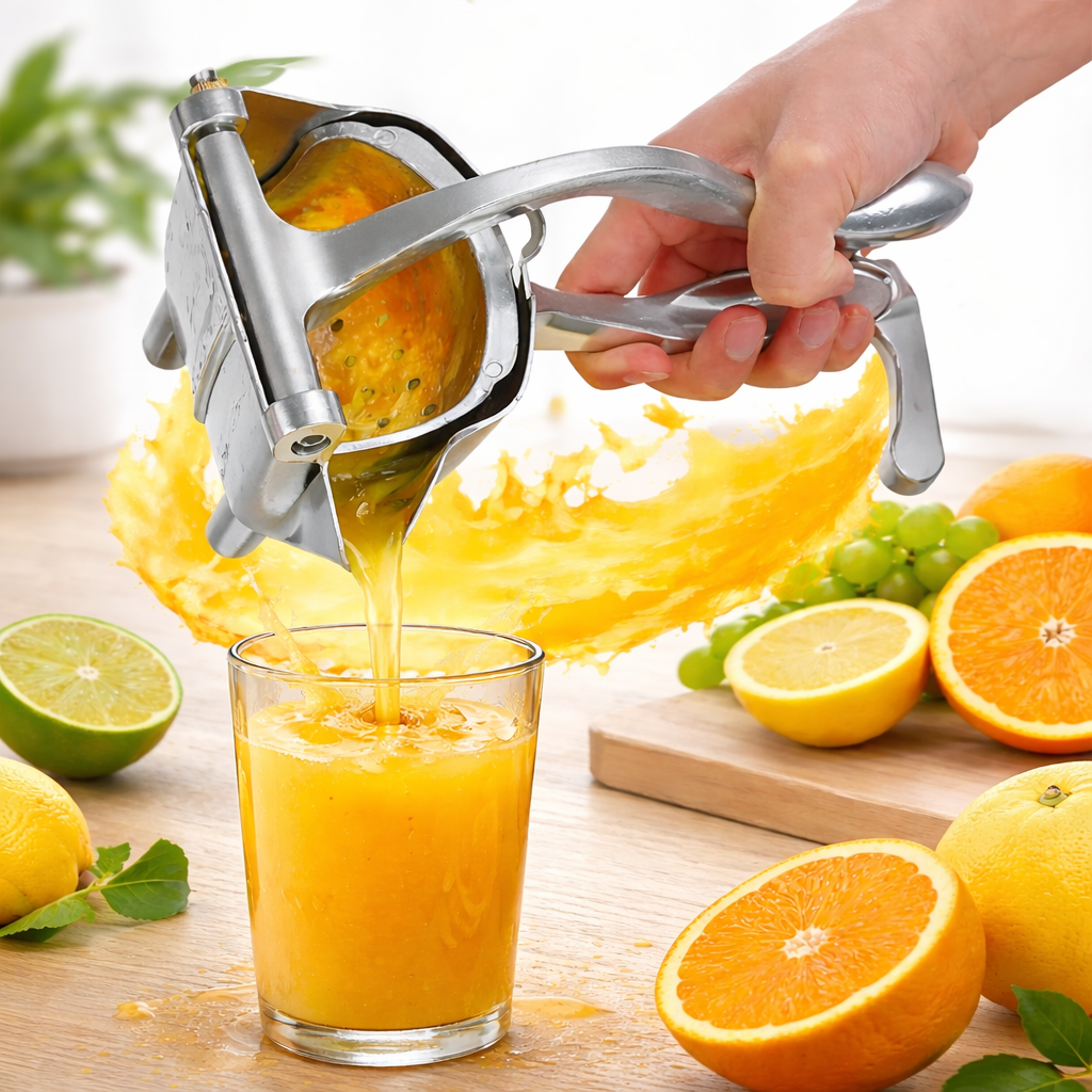 Hand using a manual juicer to extract juice from an orange, with a glass of orange juice and citrus fruits on a wooden surface.