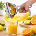 Hand using a manual juicer to extract juice from an orange, with a glass of orange juice and citrus fruits on a wooden surface.