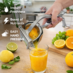 Hand using a manual juicer to extract juice from oranges, with text highlighting benefits on a kitchen counter.