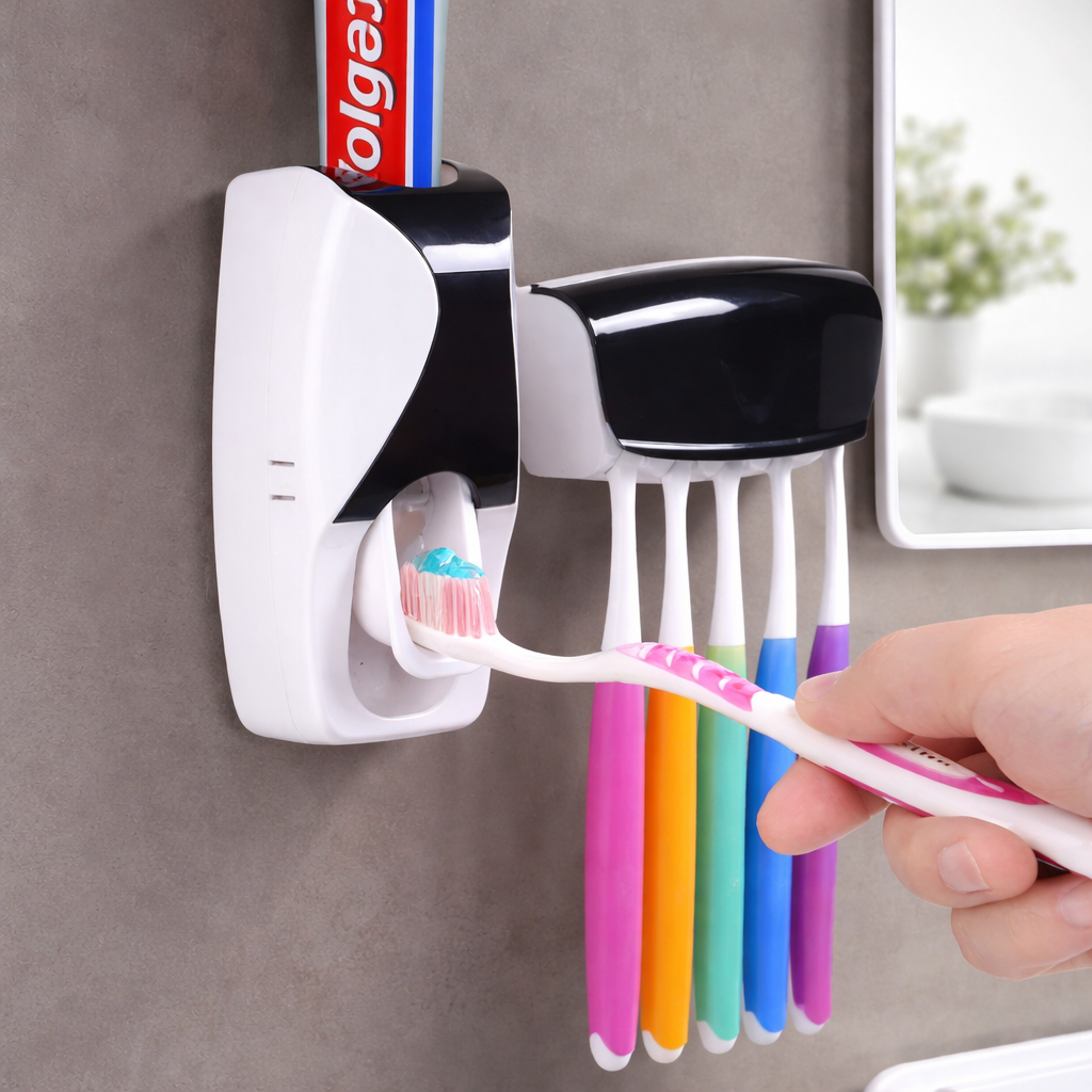 Wall-mounted toothbrush holder with colorful toothbrushes and a hand holding a pink toothbrush.