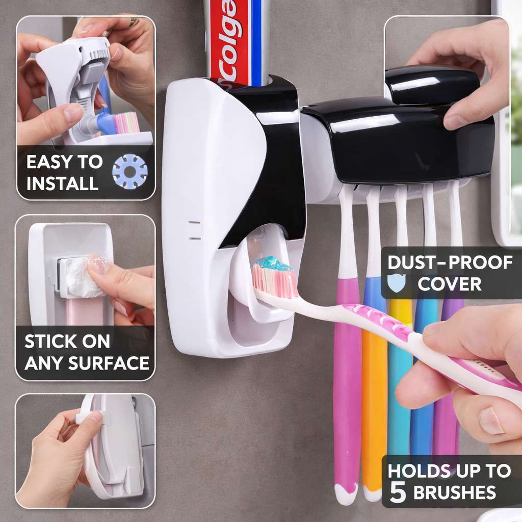 Wall-mounted toothbrush holder with multiple features highlighted on a gray background