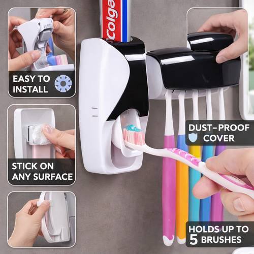 Wall-mounted toothbrush holder with multiple features highlighted on a gray background