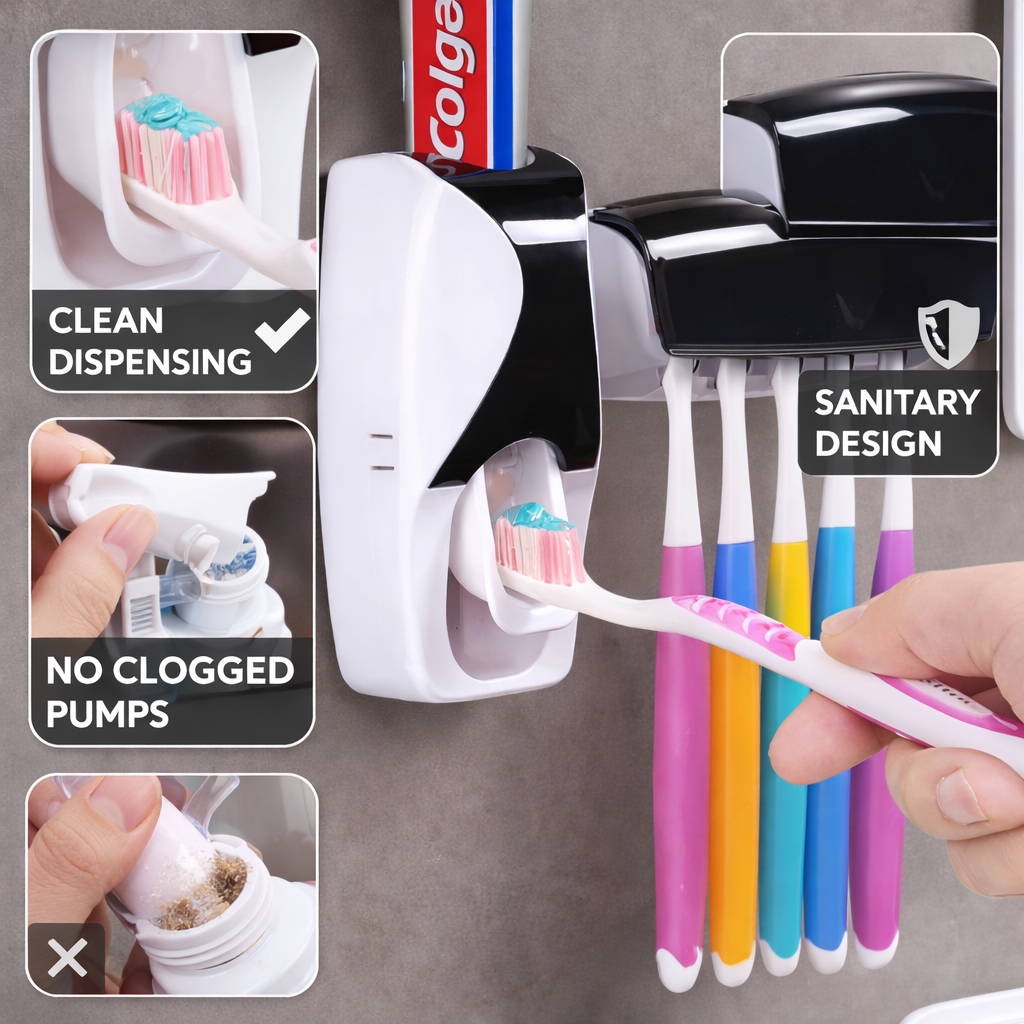 Wall-mounted toothbrush holder with colorful toothbrushes and a dispenser, highlighting features like clean dispensing and sanitary design.