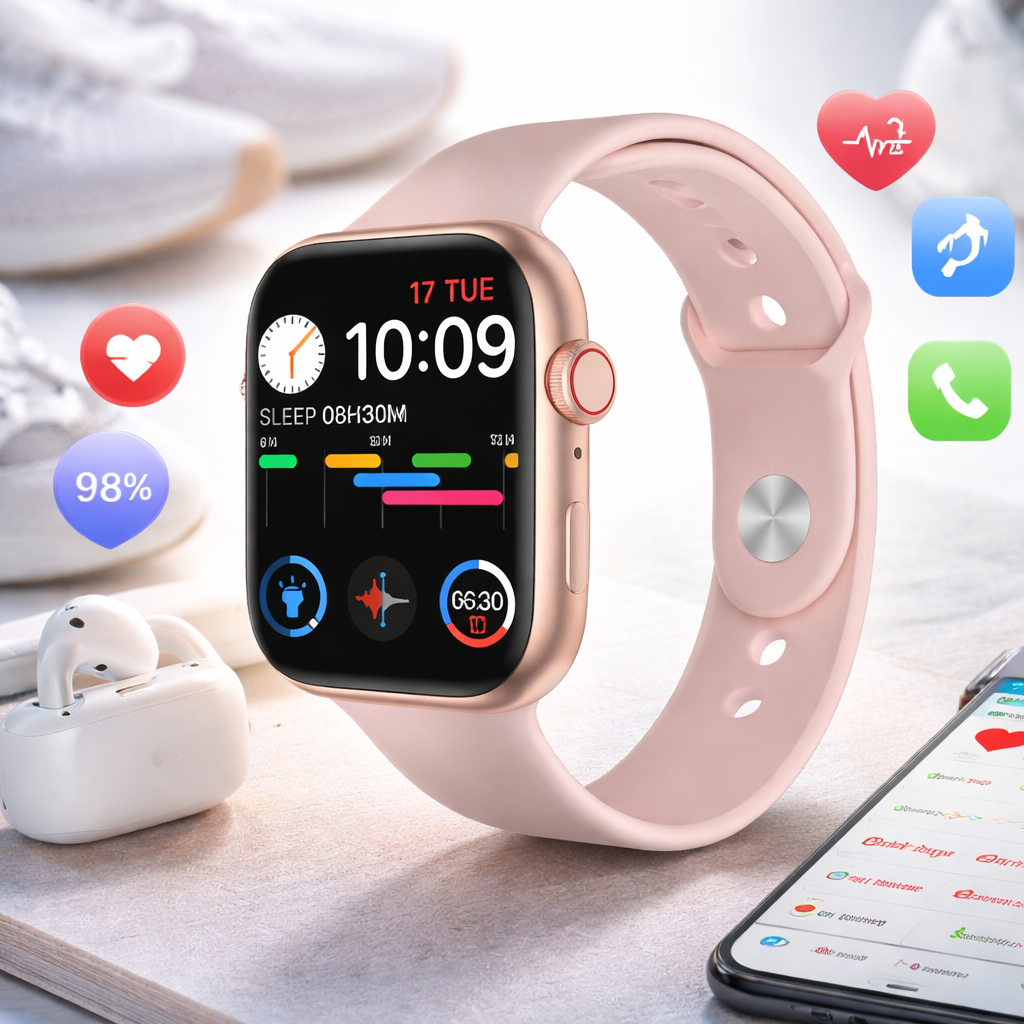 Smartwatch with a pink band on a light surface, surrounded by smartphone and AirPods.