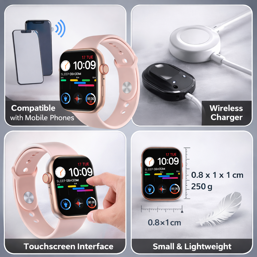 Smartwatch with screen, wireless charger, and compatibility with mobile phones on a gray background.