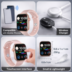 Smartwatch with screen, wireless charger, and compatibility with mobile phones on a gray background.