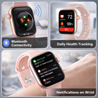 Smartwatch with Bluetooth connectivity, daily health tracking, and notifications on wrist displayed.