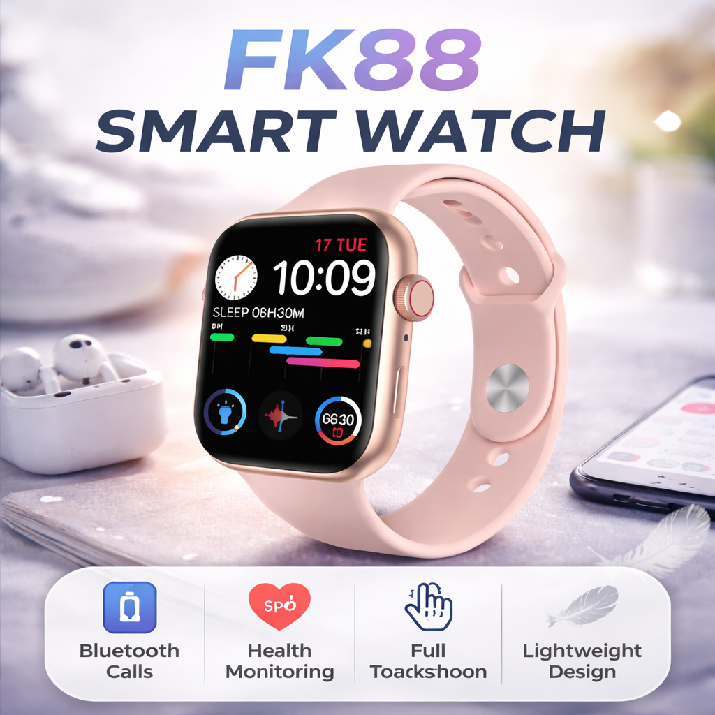 Smart watch with pink band on a blurred background, featuring text 'FK88 Smart Watch' and icons for Bluetooth calls, health monitoring, full touch screen, and lightweight design.