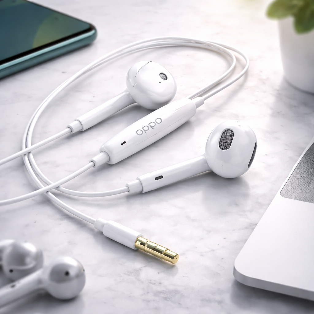 White Oppo earphones on a marble surface with a smartphone and plant in the background.