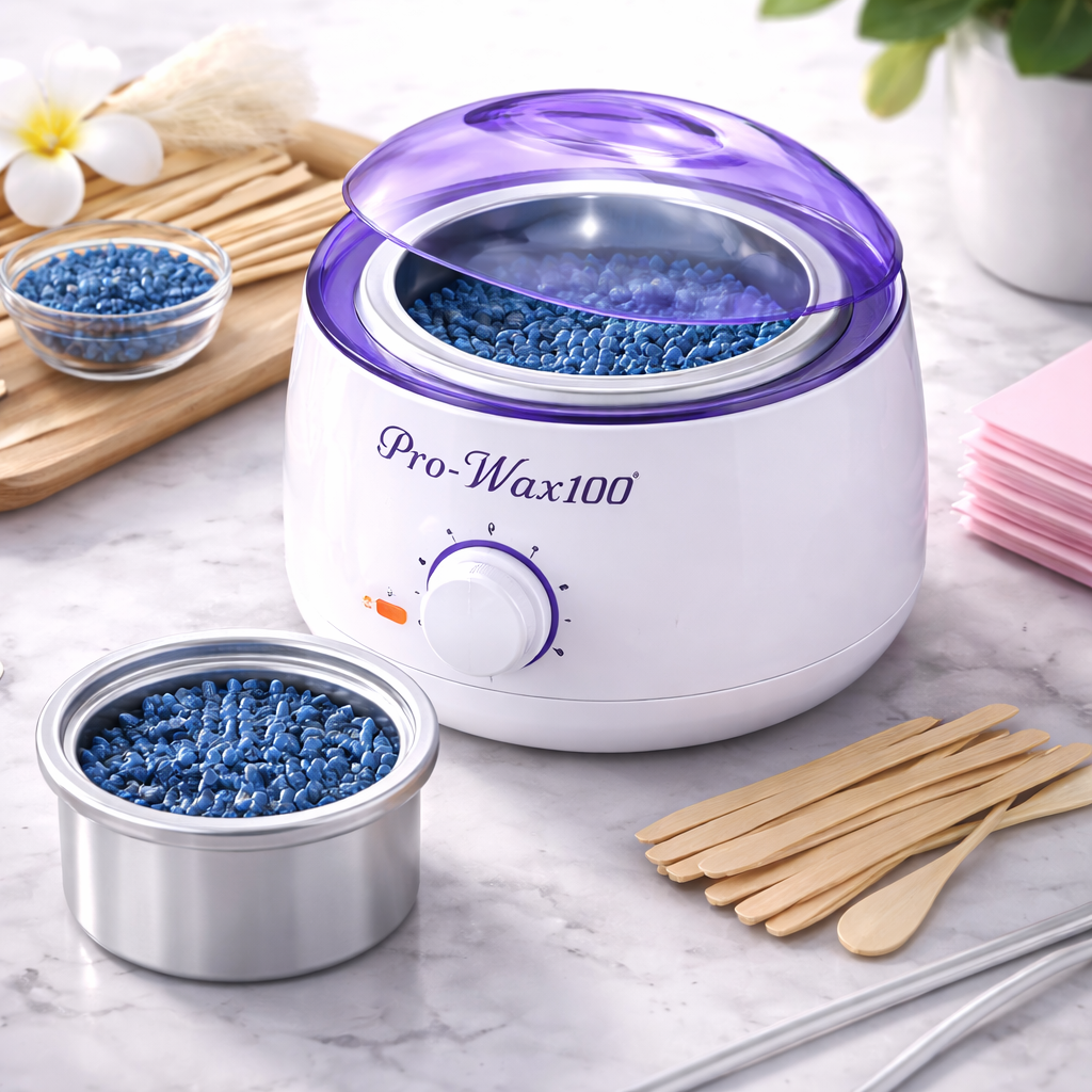 White wax warmer with purple lid on a marble surface, surrounded by blue wax beads and wooden sticks.