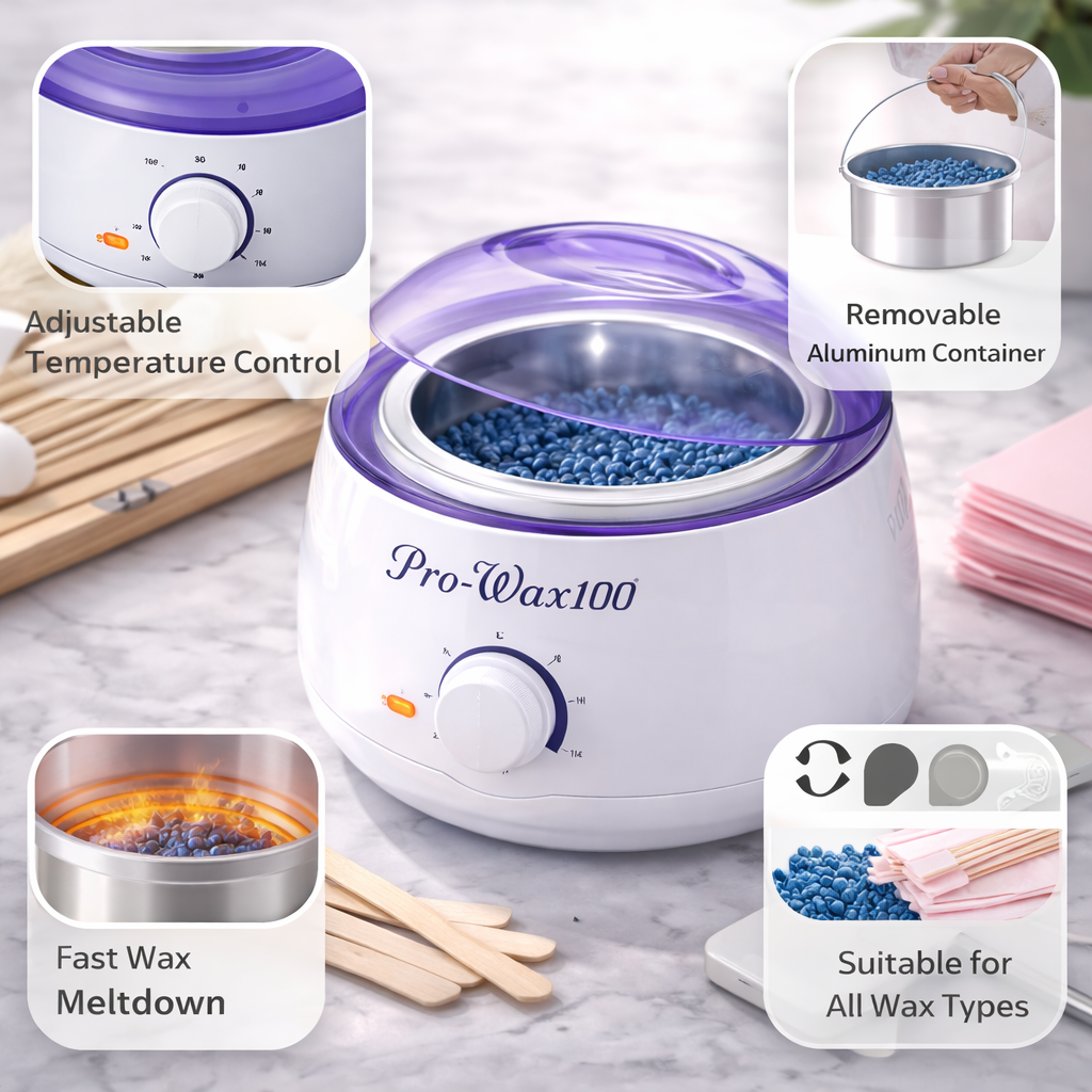 White wax heater with purple accents labeled 'Pro-Wax100' on a marble surface.