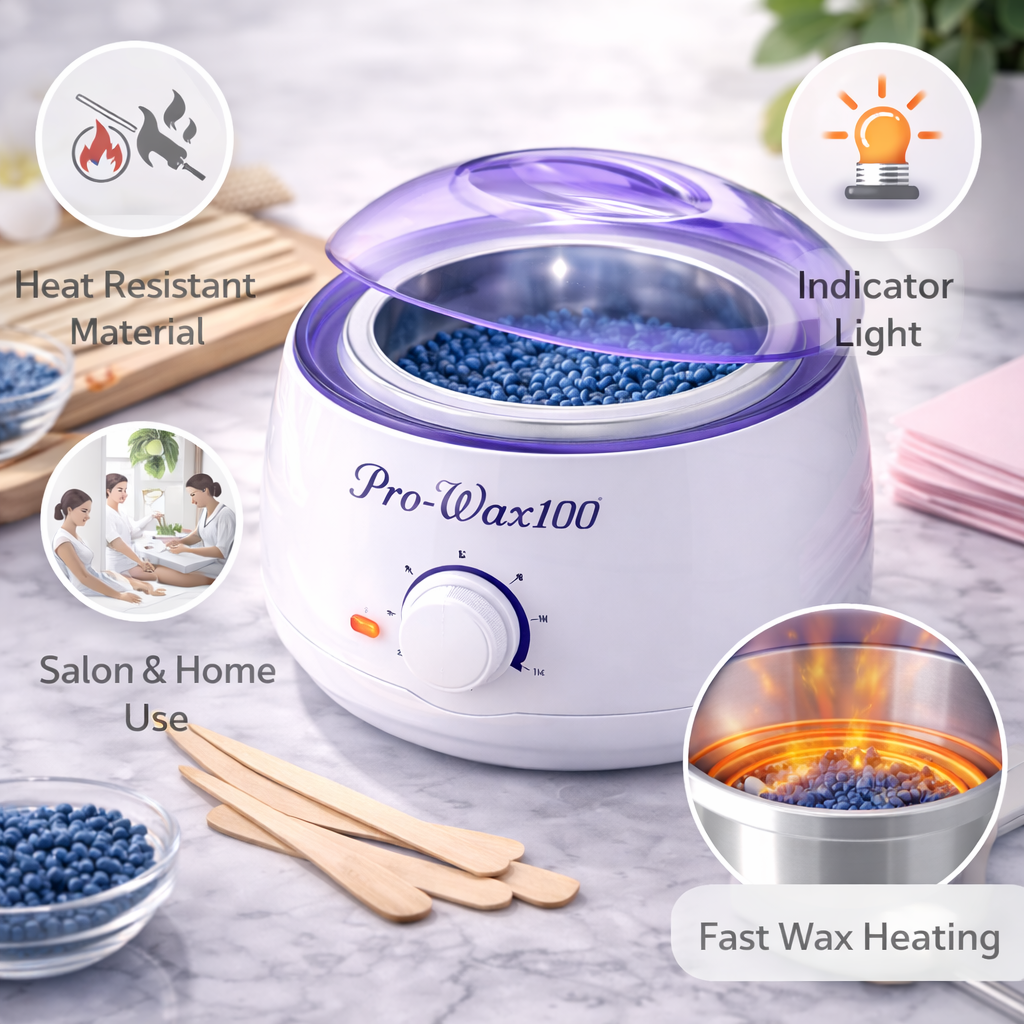Pro-Wax100 wax heater with features highlighted on a marble surface
