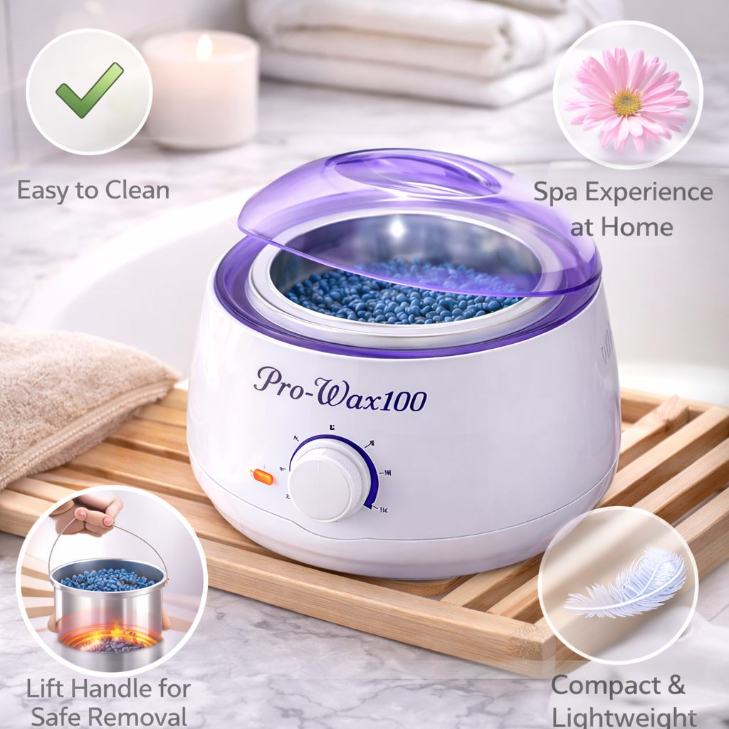 White wax warmer with purple lid on a wooden tray, surrounded by spa-themed icons and text.