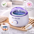 White wax warmer with purple lid on a wooden tray, surrounded by spa-themed icons and text.