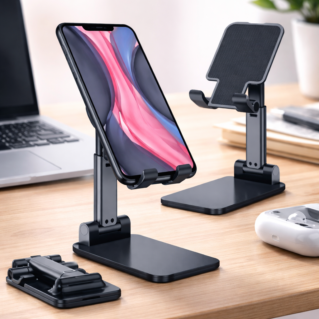 Phone stand holding a smartphone on a desk with a laptop and other items in the background
