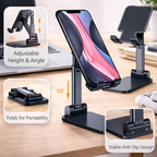 Adjustable phone stand on a desk with features highlighted