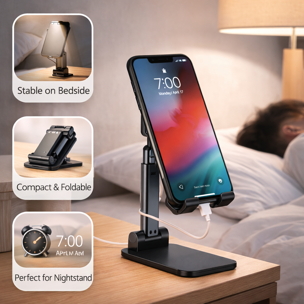 Phone stand on a nightstand with phone displaying time, date, and alarm.