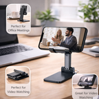 Phone stand on a desk with a laptop, coffee, and plants in the background