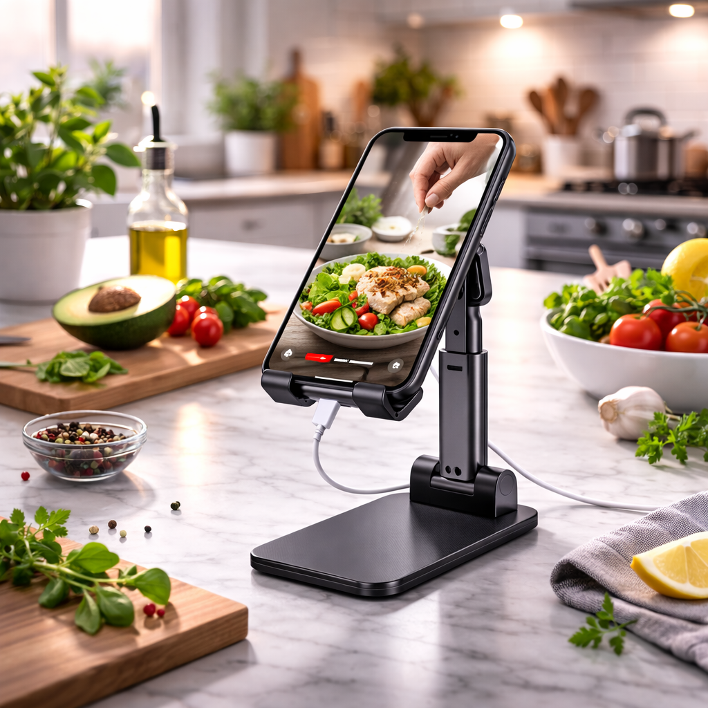 Smartphone on a stand displaying a recipe over a kitchen counter with ingredients.