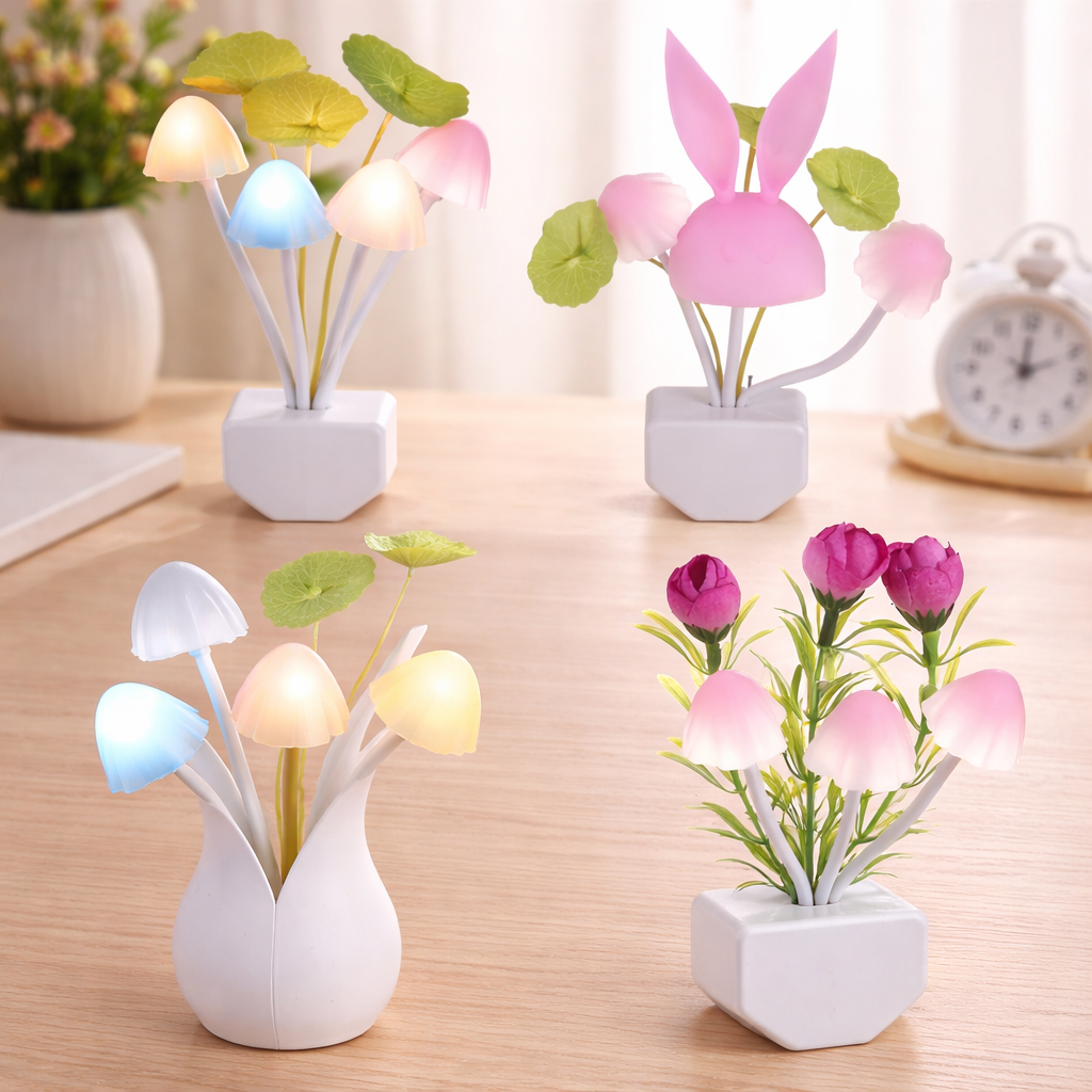 Set of decorative LED plants with different designs on a wooden surface.