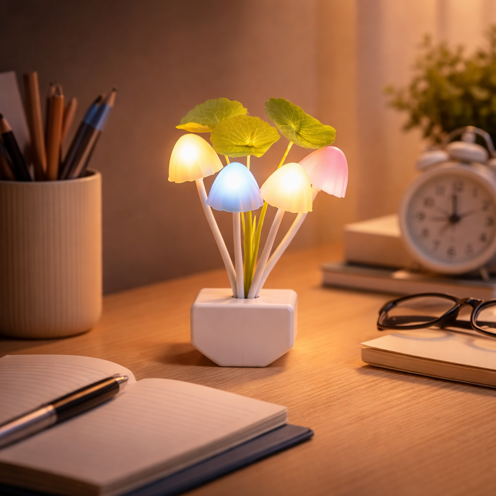 Decorative lamp with colorful lights on a desk next to a notebook, pen, and alarm clock.