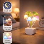 Colorful mushroom-shaped night light on a table with features highlighted.