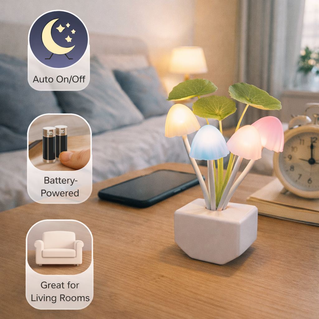 Decorative night light with plant-like design on a table in a bedroom setting.