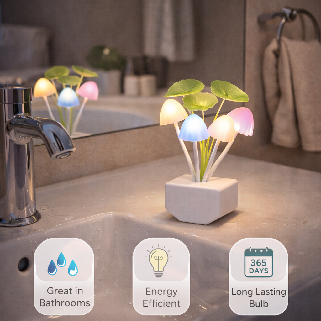 Colorful LED lamp on a bathroom counter with features highlighted.