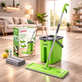 Green LAGO mop and bucket set on a wooden floor with packaging in the background.