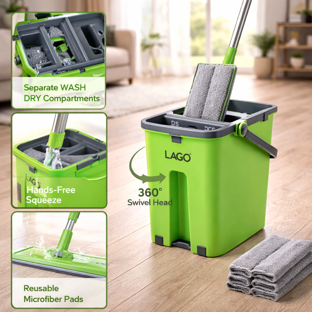 Green LAGO mop with cleaning accessories on a wooden floor.