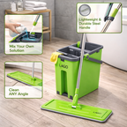 Green mop with cleaning solution and features highlighted on a wooden floor.