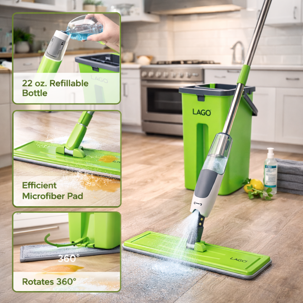 Green LAGO cleaning mop with features highlighted in a kitchen setting