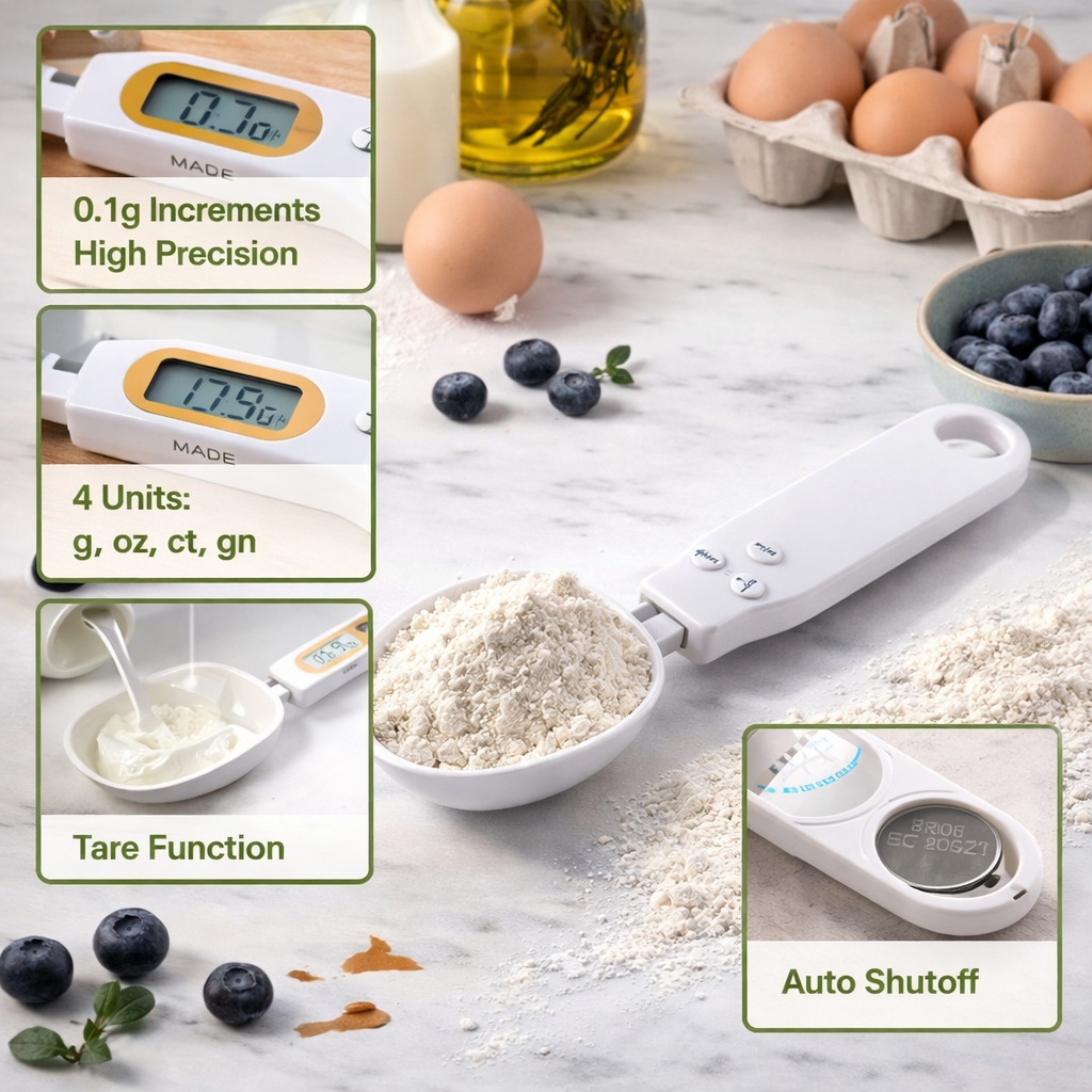 Digital kitchen scale on a marble surface with ingredients and feature highlights.
