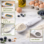 Digital kitchen scale on a marble surface with ingredients and feature highlights.