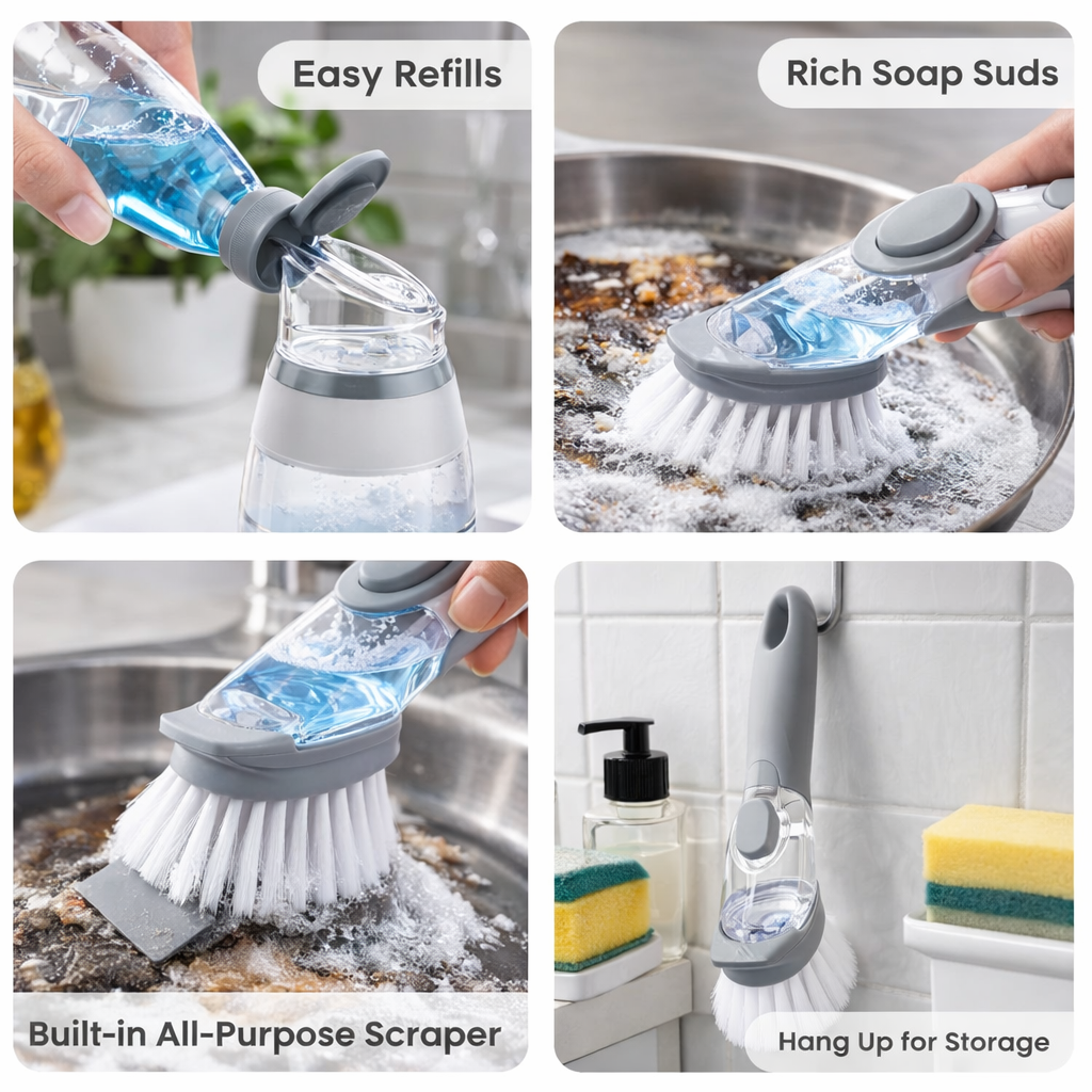 Medium White Liquid Dispenser Kitchen Cleaning Brush