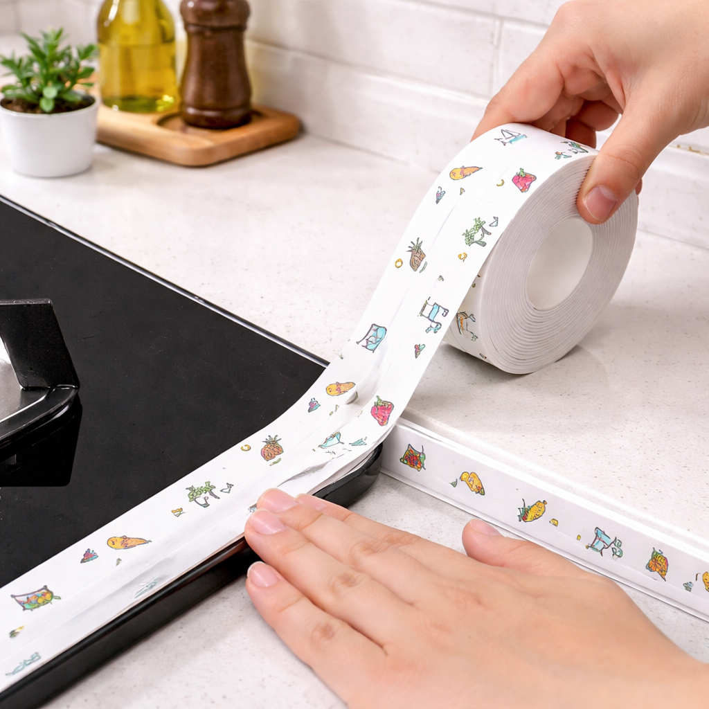 Person applying decorative tape with cartoon designs to a kitchen countertop.