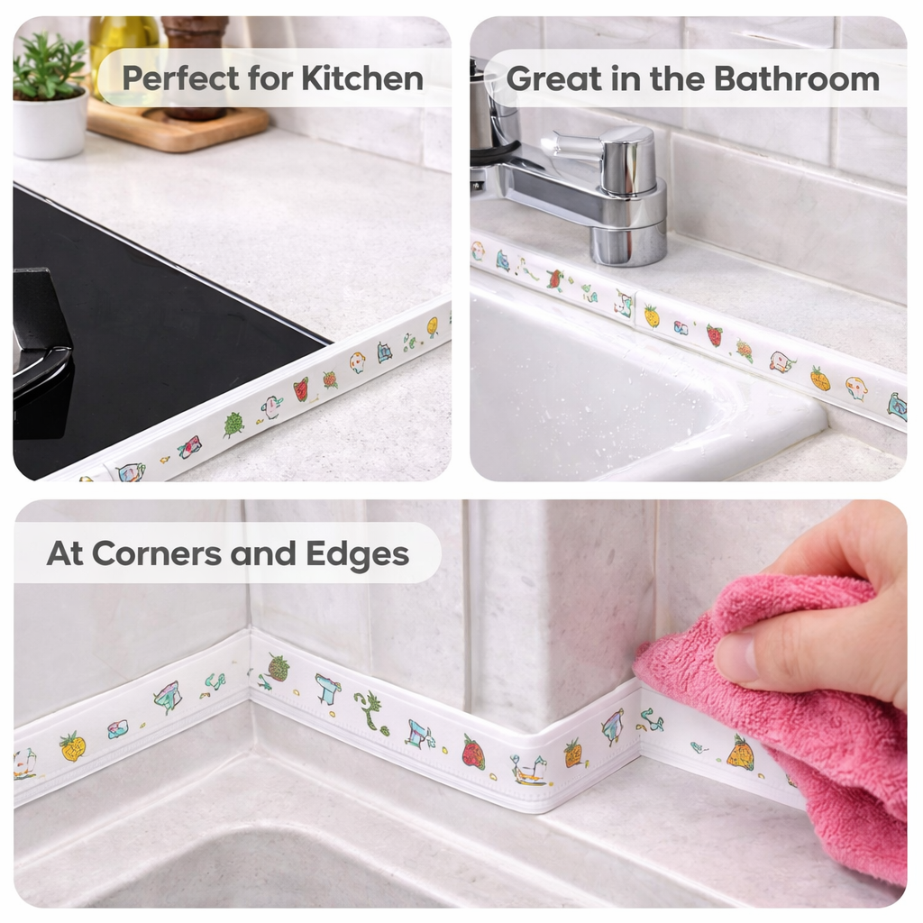 Product being used in various settings including kitchen and bathroom corners.